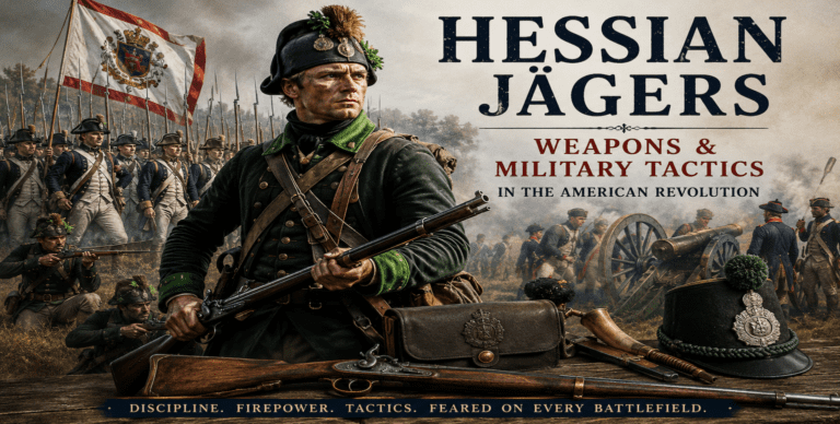 Dramatic featured image showing Hessian Jägers during the American Revolution with elite German riflemen in green uniforms carrying long rifles, Hessian infantry in formation with muskets, artillery crews operating cannons, and battlefield smoke behind the title “Hessian Jagers, Weapons and Military Tactics in the American Revolution.