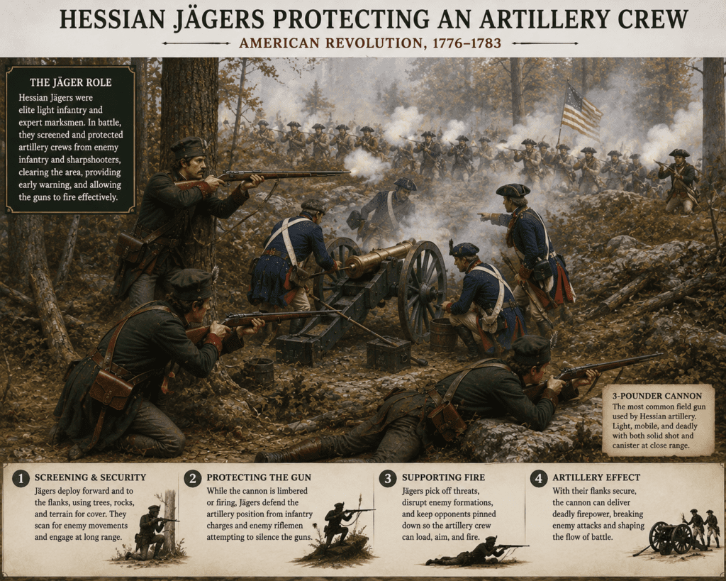 Dramatic Revolutionary War battle scene showing Hessian Jägers in dark green uniforms protecting a Hessian artillery crew operating a 3-pounder brass cannon in a forest battlefield. The Jägers fire rifles from behind trees and rocks while the cannon crew loads and aims the field gun against advancing American troops through smoke-filled woods.
Caption:
