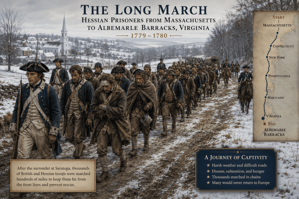Thousands of Hessian prisoners and British soldiers march through snow-covered countryside during the Revolutionary War as they are transferred from Massachusetts to the Albemarle Barracks in Virginia. The long journey exposed prisoners to harsh weather, disease, hunger, and exhaustion while moving them far from British rescue attempts.