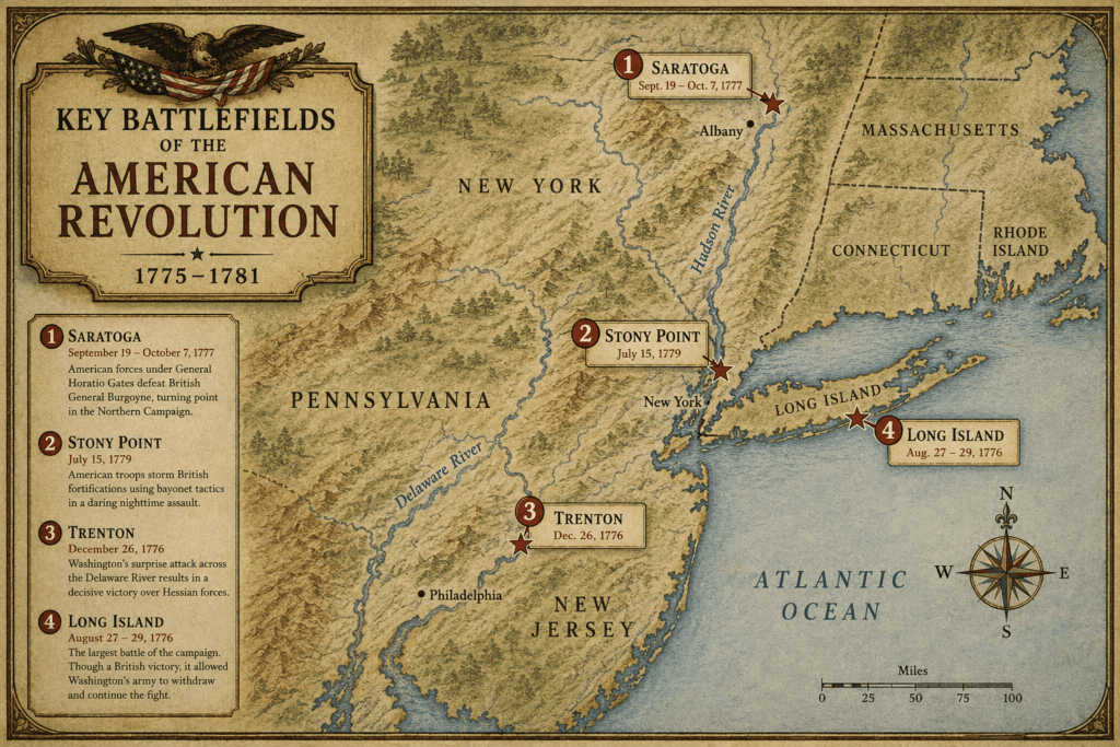 Period-style Revolutionary War map showing the locations of Saratoga, Stony Point, Trenton, and Long Island across the northeastern American colonies, including rivers, coastlines, battle dates, and geographic features connected to major turning points of the American Revolution.
