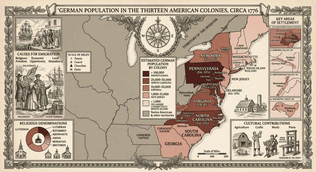 map of colonies in 1776 with German population