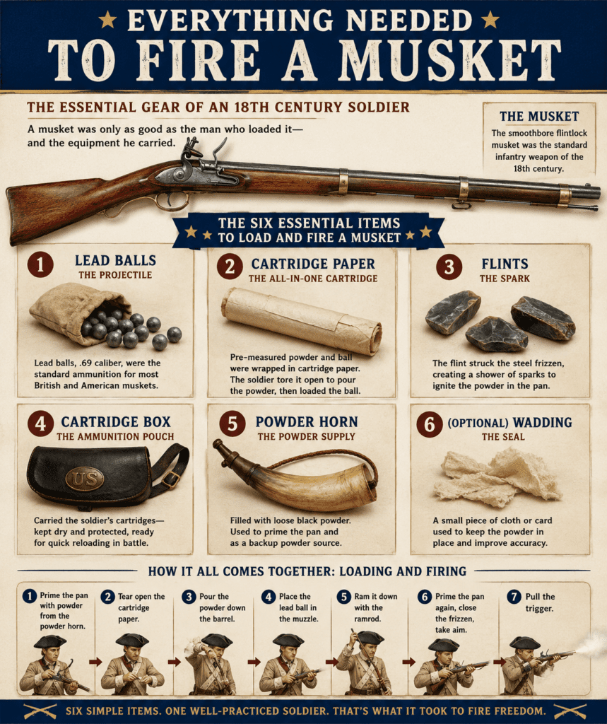 Educational Revolutionary War infographic showing the supplies needed to fire a flintlock musket, including lead balls, cartridge paper, flints, cartridge boxes, powder horns, and the loading process used by 18th-century soldiers.