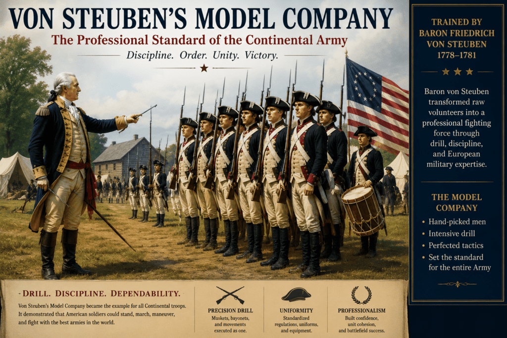 Historical illustration of Baron Friedrich von Steuben training the Continental Army’s “Model Company” at Valley Forge, showing disciplined American soldiers in formation with muskets and bayonets while von Steuben demonstrates European-style military drills during the American Revolution.