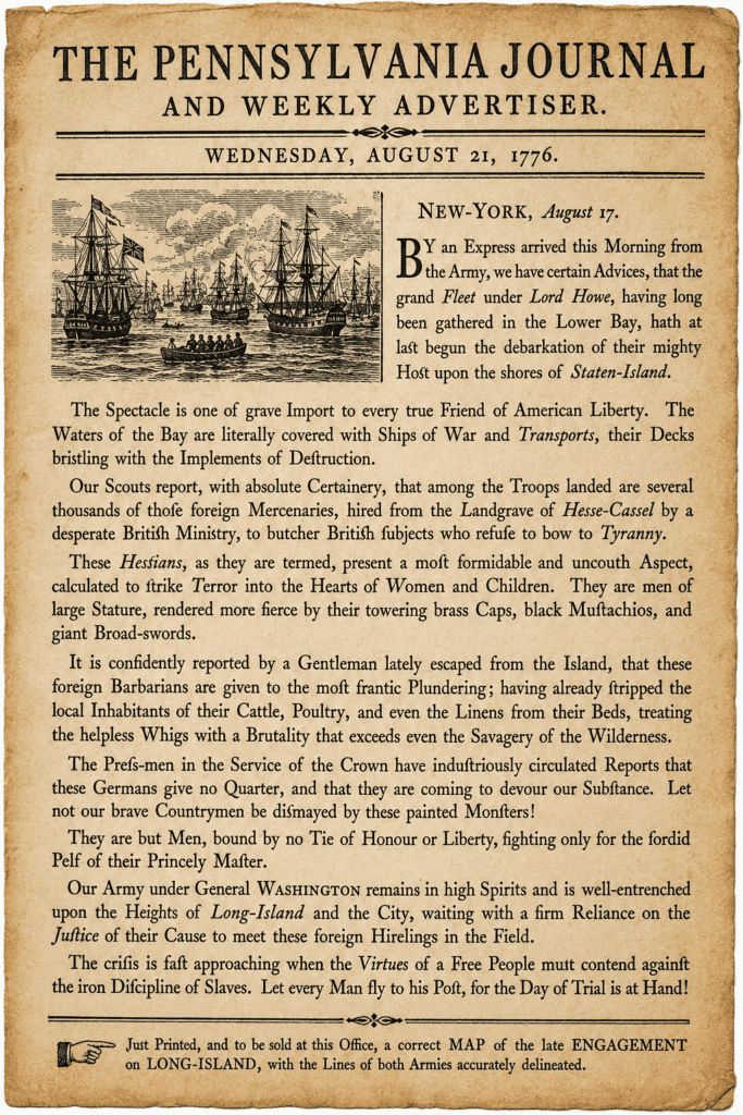 Reproduction of an August 21, 1776 Patriot newspaper front page titled The Pennsylvania Journal and Weekly Advertiser. The article reports the arrival of British and Hessian troops at Staten Island, depicts a fleet of warships in New York Harbor, and uses dramatic Revolutionary War-era language to warn colonists about foreign German soldiers hired by Great Britain.