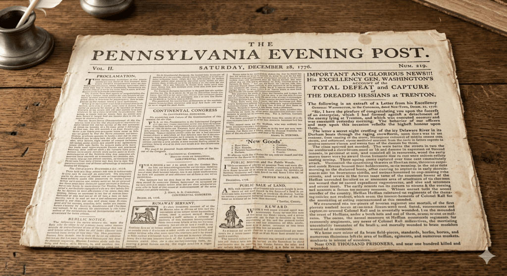 Image of Pennsylvania Evening Post about Washingtons defeat of the Hessians at Trenton