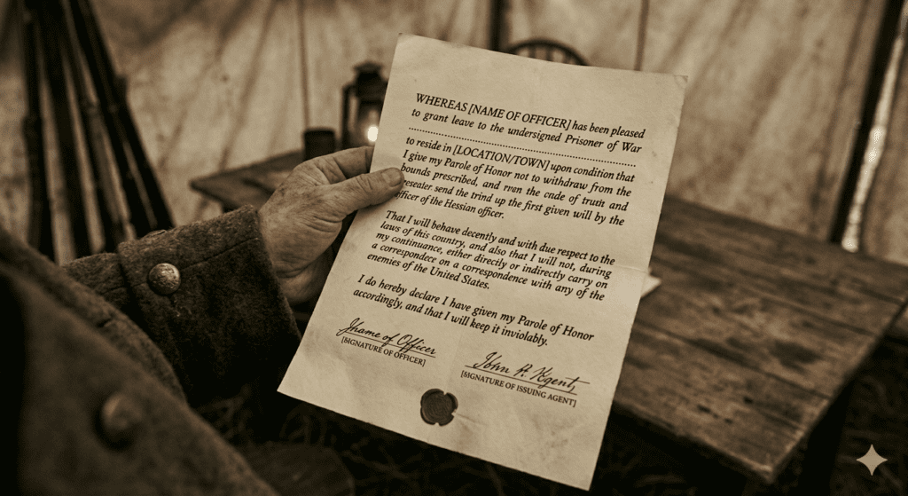 A detailed, close-up photograph set within a Revolutionary War-era canvas military tent, showing a man's weathered hand holding an antique paper document. The text is printed in archaic font and explicitly details the formal conditions of a "Parole of Honor," stating the prisoner must remain within prescribed bounds and not correspond with enemies of the United States. It includes signature lines for the "[NAME OF OFFICER]" and "John R. Agent," along with a red wax seal. The man is wearing a rough wool coat with brass buttons. The background shows blurred details of stacked muskets and a wooden table.