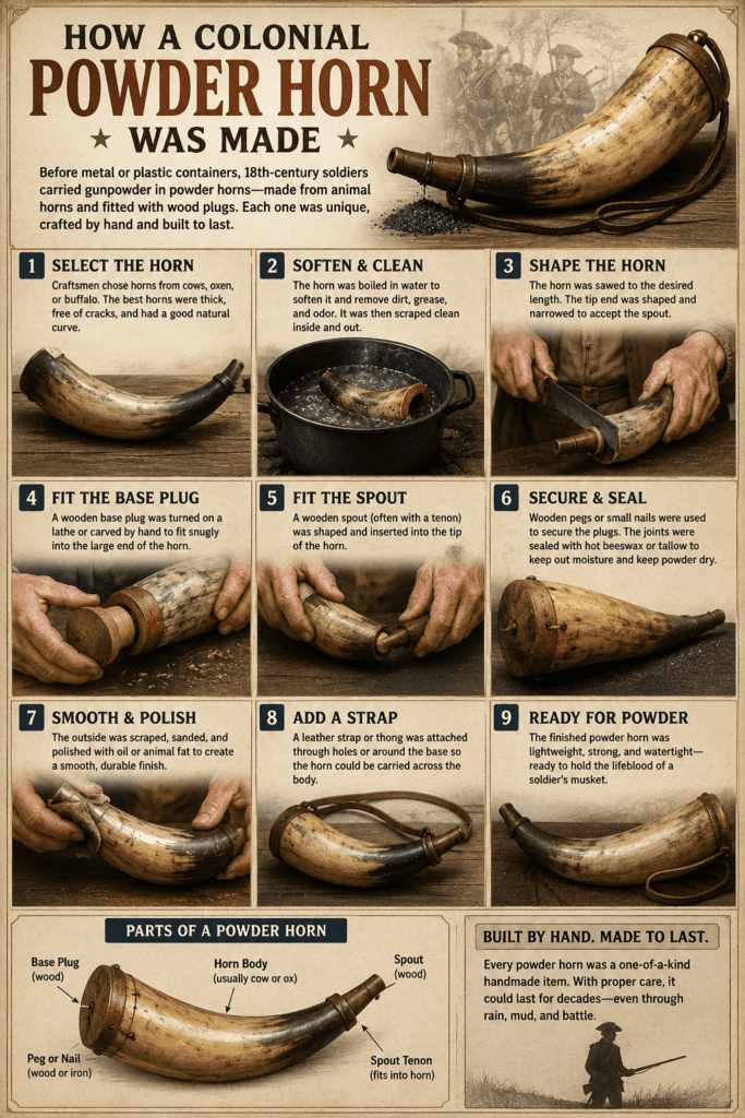 Educational infographic showing how a colonial powder horn was made in the 18th century, including selecting an animal horn, shaping it, fitting wooden plugs, polishing it, and preparing it to carry Revolutionary War gunpowder.