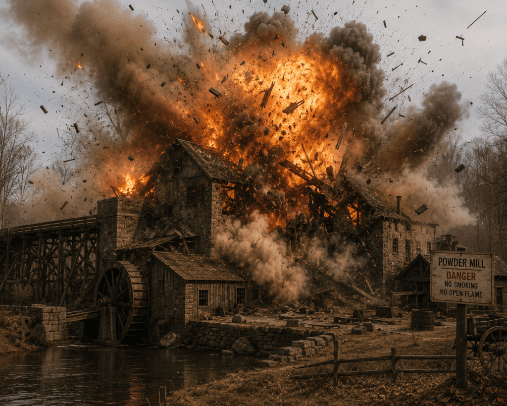 Dramatic historical image showing a Revolutionary War-era powder mill exploding in a massive fireball beside a river, illustrating the deadly dangers faced by black powder workers in the 18th century.