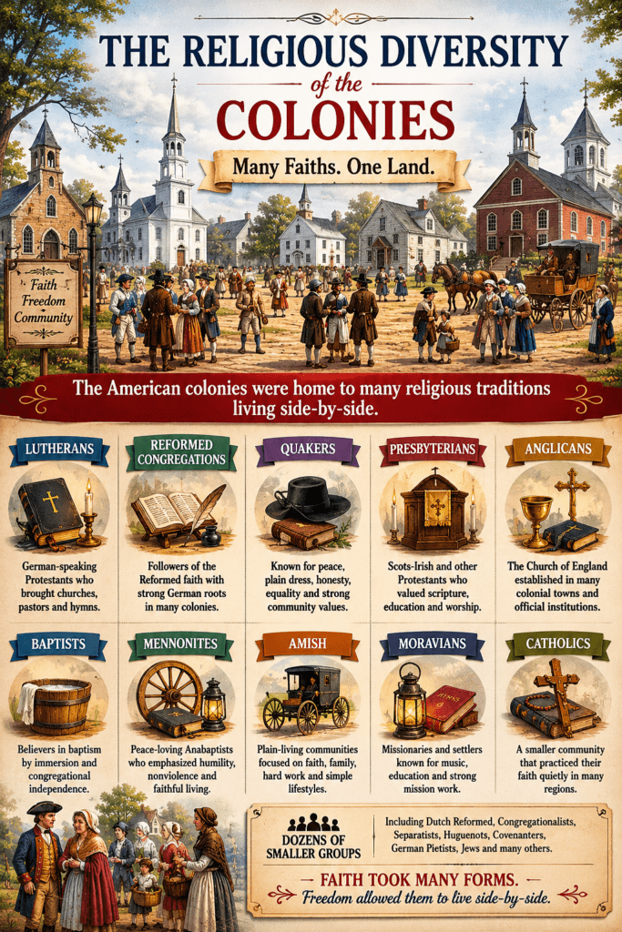 Historical infographic showing the religious diversity of the American colonies, including Lutherans, Reformed congregations, Quakers, Presbyterians, Anglicans, Baptists, Mennonites, Amish, Moravians, Catholics, and other religious groups living side-by-side before the American Revolution.