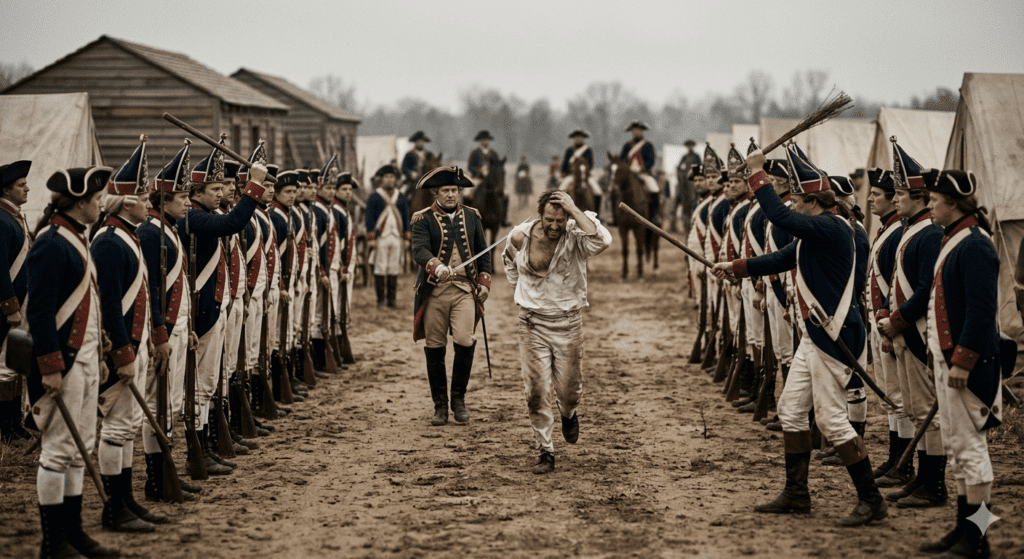 A gritty cinematic film still showing a disheveled soldier in torn white clothing running down a dirt path between two lines of Hessian-style soldiers with mitre caps. The flanking soldiers raise sticks and muskets as the runner holds his hand to his head, looking weary. A distinct officer in a green jacket with gold trim and a bicorne hat walks beside the runner with a drawn sword. The background is a military camp with tents and cabins under an overcast sky.