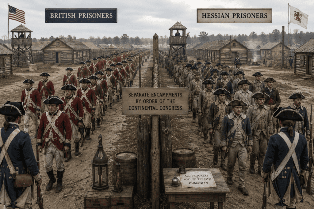 British soldiers and Hessian prisoners are separated into distinct lines inside a Revolutionary War prison camp. American authorities frequently housed captured British regulars and Hessian prisoners in separate sections or entirely different locations to reduce tensions, discourage organized escapes, and encourage Hessian assimilation into colonial communities.