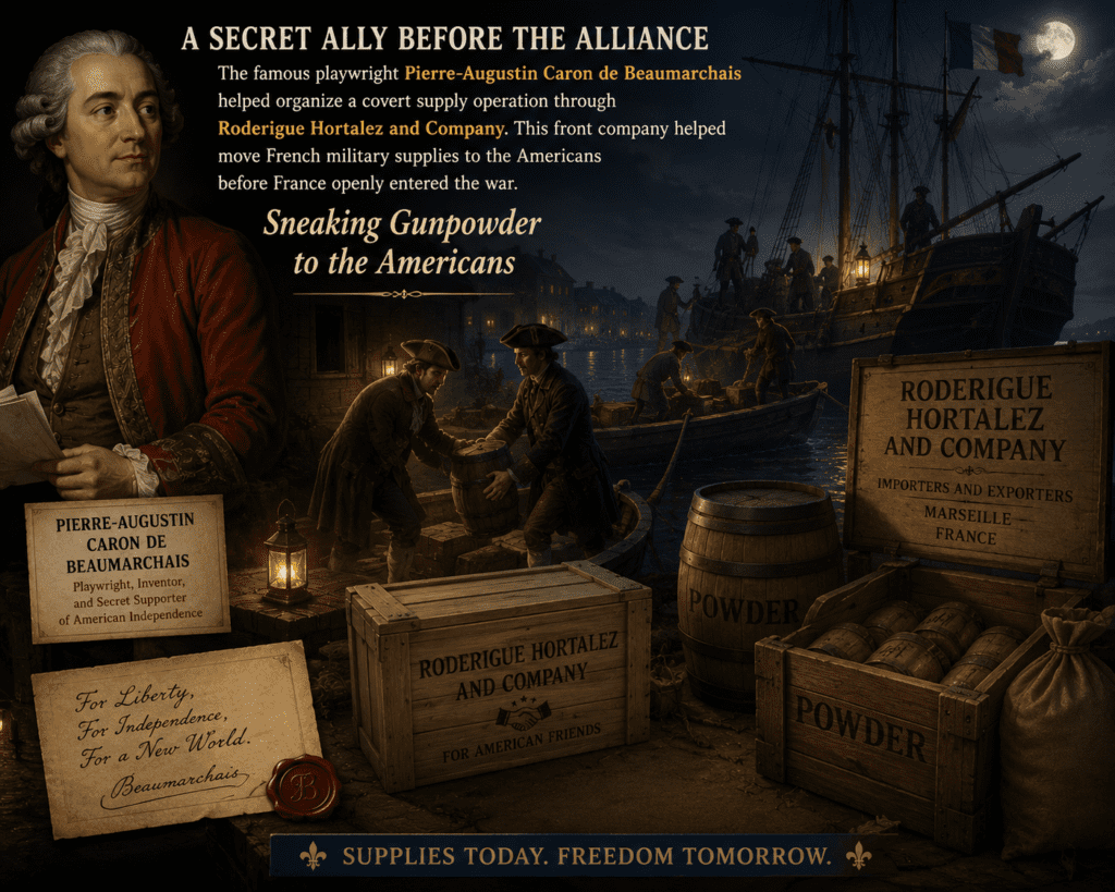 Historical illustration showing Pierre-Augustin Caron de Beaumarchais organizing covert French gunpowder shipments for the American Revolution through Roderigue Hortalez and Company before France openly entered the war.