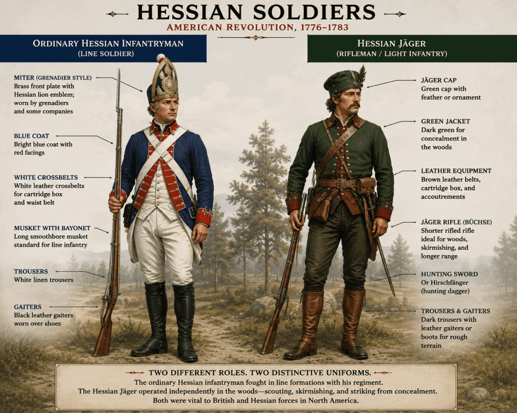 Historical infographic comparing a standard Hessian infantryman wearing a tall miter grenadier hat and blue uniform beside a Hessian Jäger in a dark green woodland uniform during the American Revolution, showing differences in weapons, equipment, uniforms, and battlefield roles.