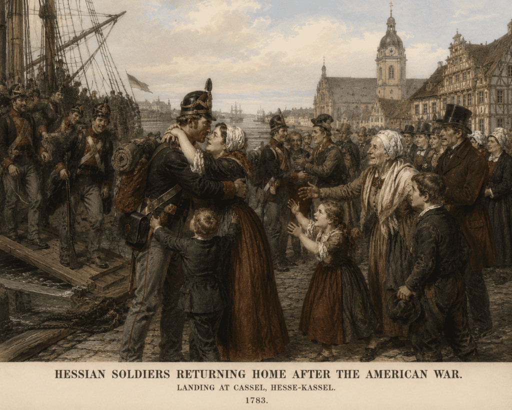 Historical-style illustration showing Hessian soldiers and their families arriving back in Hesse-Kassel after the American Revolutionary War. Former soldiers disembark from a sailing ship and reunite with waiting relatives on a crowded German harbor dock, while townspeople gather nearby. The scene captures the emotional return of veterans who survived years of military service in North America.