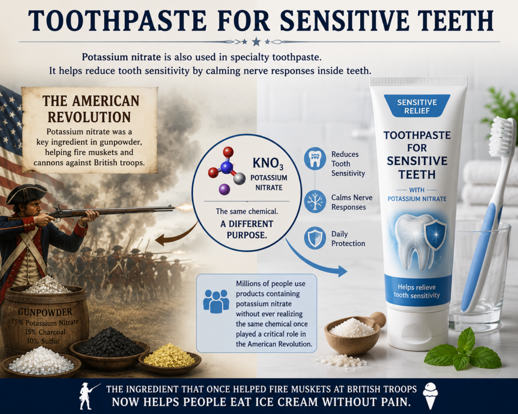 Educational infographic comparing Revolutionary War gunpowder and modern toothpaste, showing how potassium nitrate once used in muskets and cannons is now used in toothpaste for sensitive teeth.