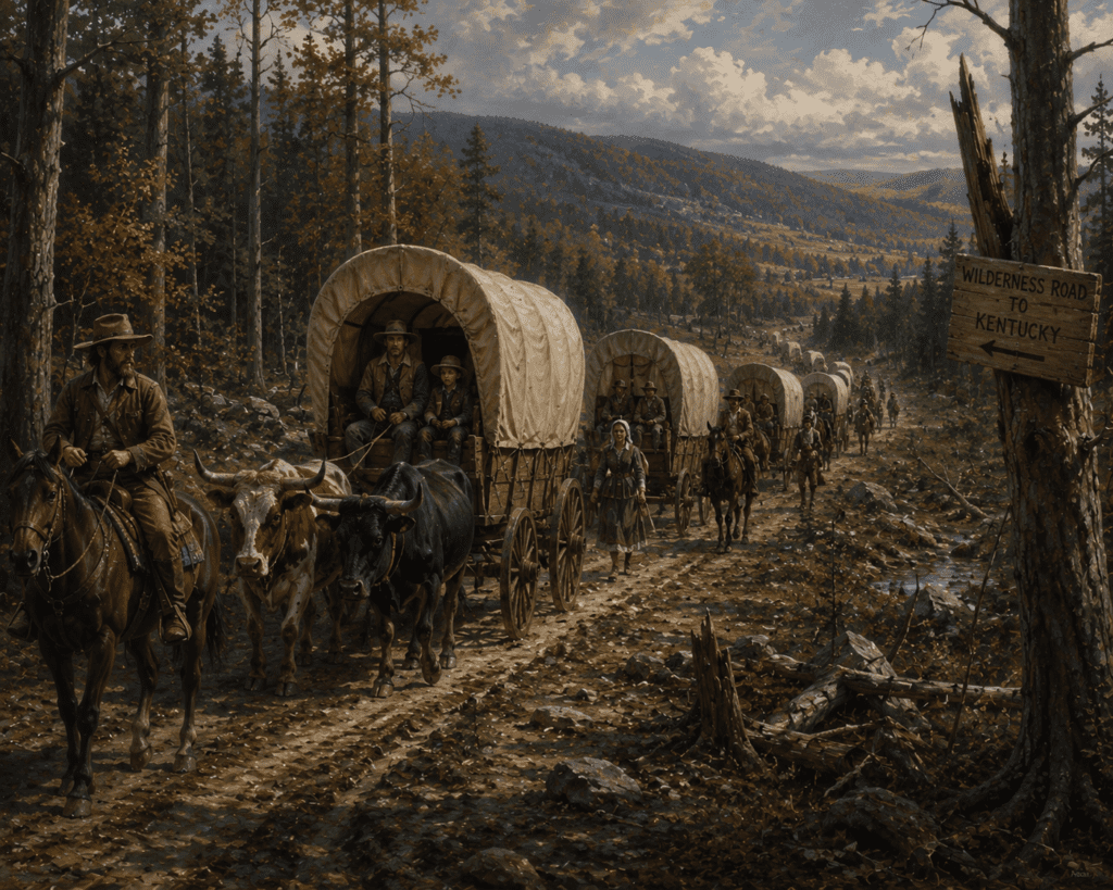 Historical illustration showing settlers with covered wagons traveling west along the Wilderness Road toward Kentucky through the Appalachian frontier, guided by horseback riders and oxen teams on a rugged forest trail.