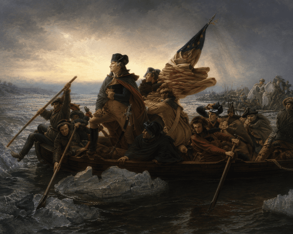 Artistic recreation inspired by Emanuel Leutze's famous painting Washington Crossing the Delaware, showing General George Washington standing in a crowded boat as Continental soldiers navigate icy waters on Christmas night in 1776. The crossing led to the surprise attack on the Hessian garrison at Trenton, one of the most important victories of the American Revolution.