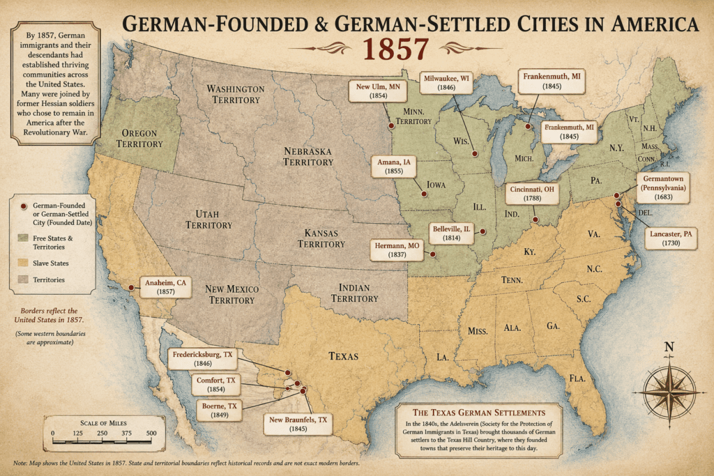 Historical map of the United States in 1857 showing major German-founded and German-settled communities associated with German immigrants and Hessian descendants. Highlighted locations include Germantown and Lancaster, Pennsylvania; Cincinnati, Ohio; Milwaukee, Wisconsin; New Ulm, Minnesota; Hermann, Missouri; Belleville, Illinois; Frankenmuth, Michigan; Amana, Iowa; Anaheim, California; and the Texas German settlements of New Braunfels, Fredericksburg, Boerne, and Comfort.