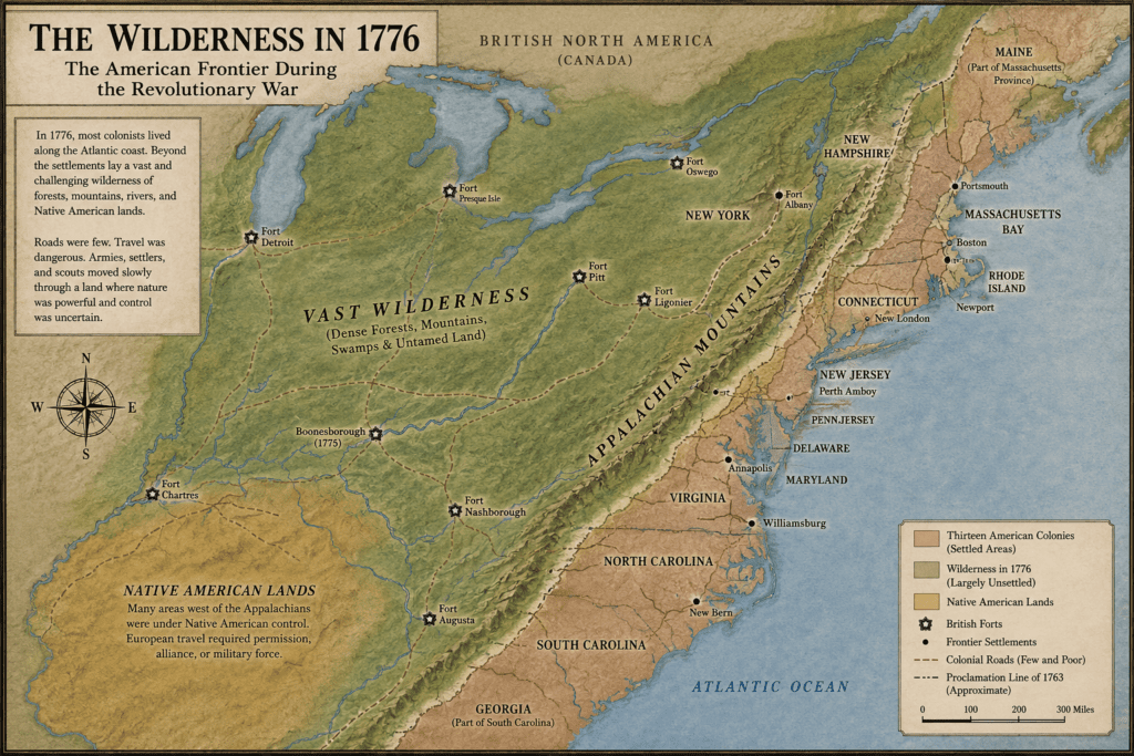 Historical-style map titled “The Wilderness in 1776” showing the eastern American colonies, the Appalachian Mountains, vast unsettled frontier wilderness, Native American lands, frontier forts, colonial roads, and major settlements during the Revolutionary War.
