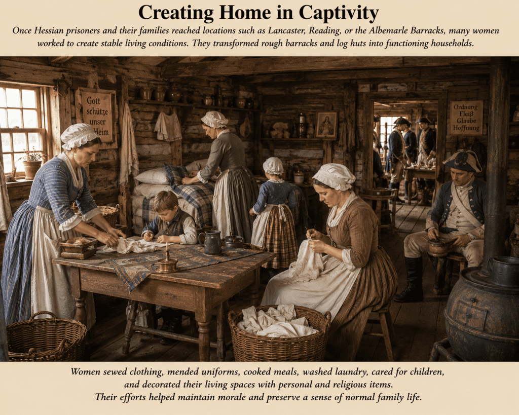 Interior of a Revolutionary War prison barracks showing Hessian wives and children transforming a rough log structure into a functional household. Women sew clothing, mend uniforms, prepare bedding, care for children, and organize living spaces while Hessian prisoners occupy the background, illustrating how camp followers created stability and family life during captivity.