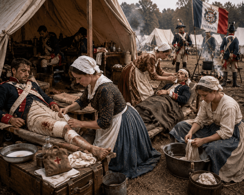 Hessian camp follower women tend to wounded German soldiers inside a Revolutionary War military camp while other Hessian troops stand guard near tents and cooking fires.