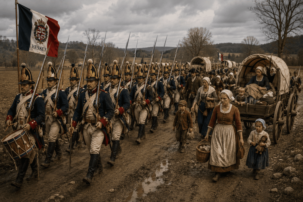 Hessian soldiers wearing mitre hats march in military formation during the American Revolution while women, children, and camp followers walk beside supply wagons carrying belongings and provisions.