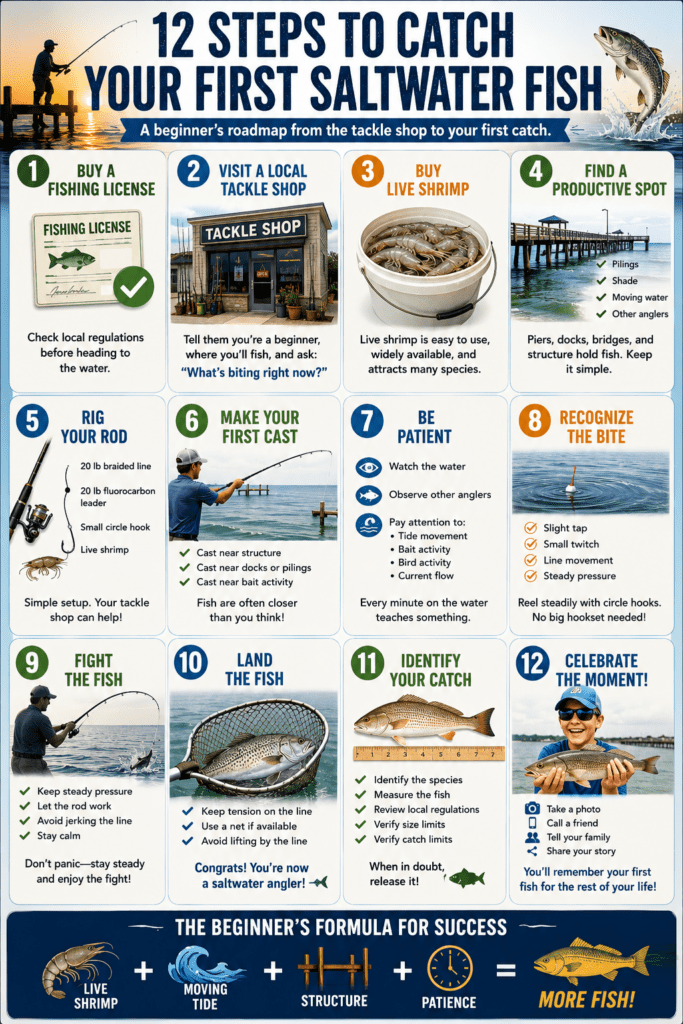 Infographic titled "12 Steps to Catch Your First Saltwater Fish" showing a beginner's fishing journey from purchasing a fishing license and visiting a tackle shop to buying live shrimp, finding a productive fishing location, making a first cast, recognizing a bite, landing a fish, identifying the catch, and celebrating the experience. The infographic concludes with a beginner fishing formula of live shrimp, moving tide, structure, and patience.

