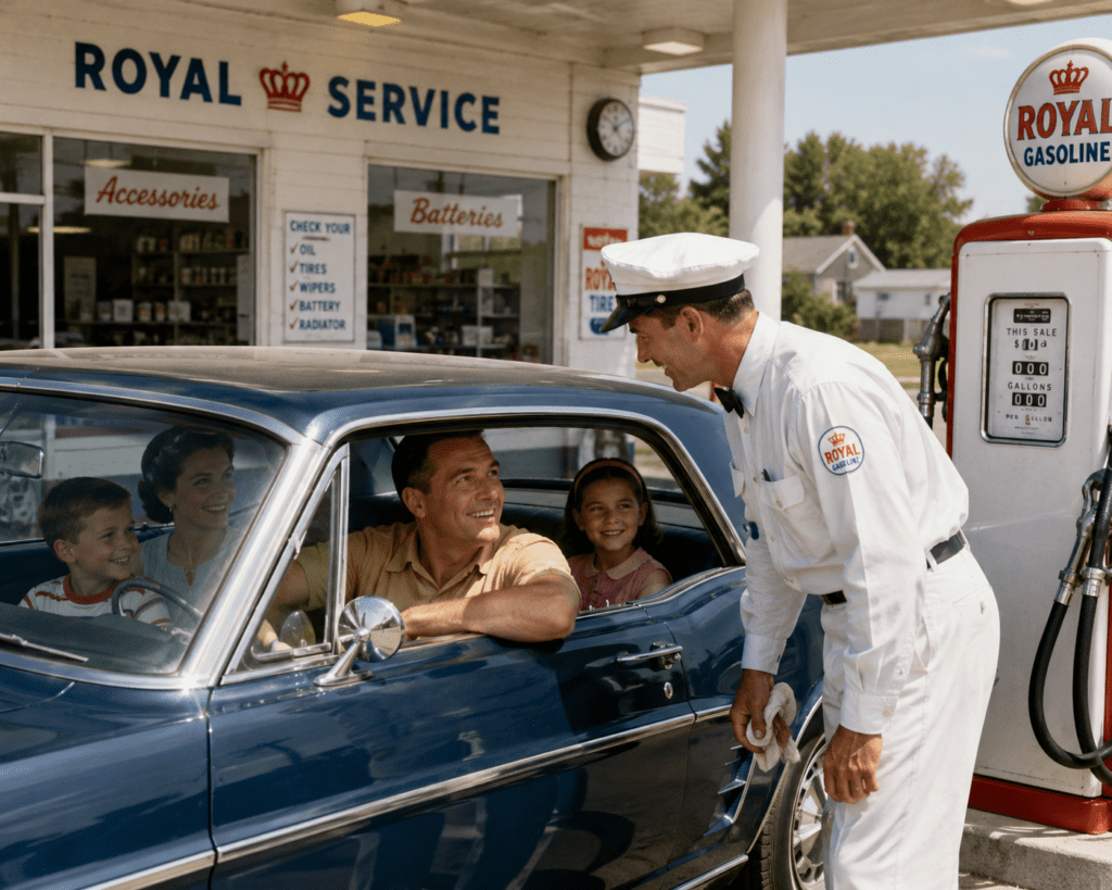 Family sitting in a classic automobile at a mid-20th-century service station while a uniformed attendant in a white service uniform speaks with the driver. The vintage station features fuel pumps, automotive service signs, and a repair shop, illustrating the era when full-service gas stations provided vehicle inspections, maintenance, and personal customer service.