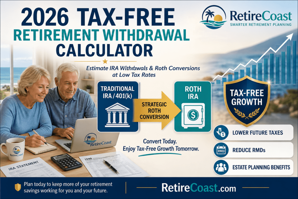 Retired couple using the RetireCoast 2026 Tax-Free Retirement Withdrawal Calculator to estimate IRA withdrawals and Roth IRA conversion opportunities while minimizing taxes.