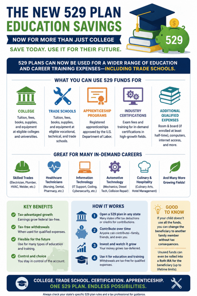 Infographic titled "The New 529 Plan Education Savings" explaining how modern 529 plans can be used for much more than traditional college expenses. The graphic highlights eligible uses including colleges and universities, trade schools, vocational programs, apprenticeships, industry certifications, workforce training, and other qualified education expenses. It also explains tax-free growth, tax-free qualified withdrawals, and flexibility for families saving for future education and career training.