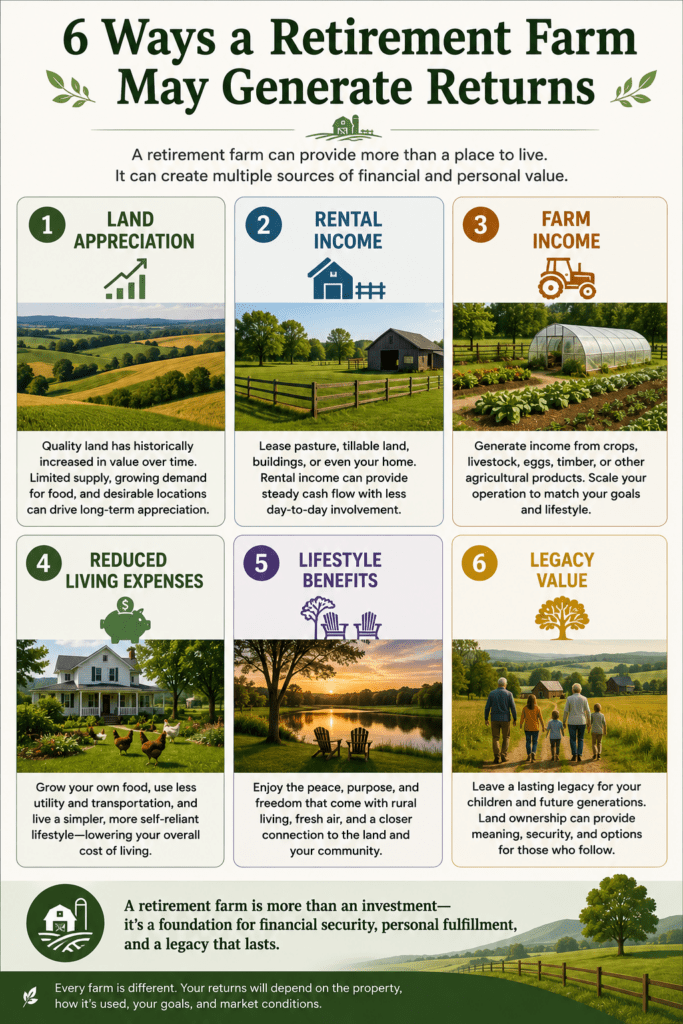 Infographic titled "6 Ways a Retirement Farm May Generate Returns" illustrating six potential benefits of retirement farm ownership: land appreciation, rental income, farm income, reduced living expenses, lifestyle benefits, and legacy value. Each category includes a visual example and explains how a retirement farm can provide both financial returns and personal fulfillment.