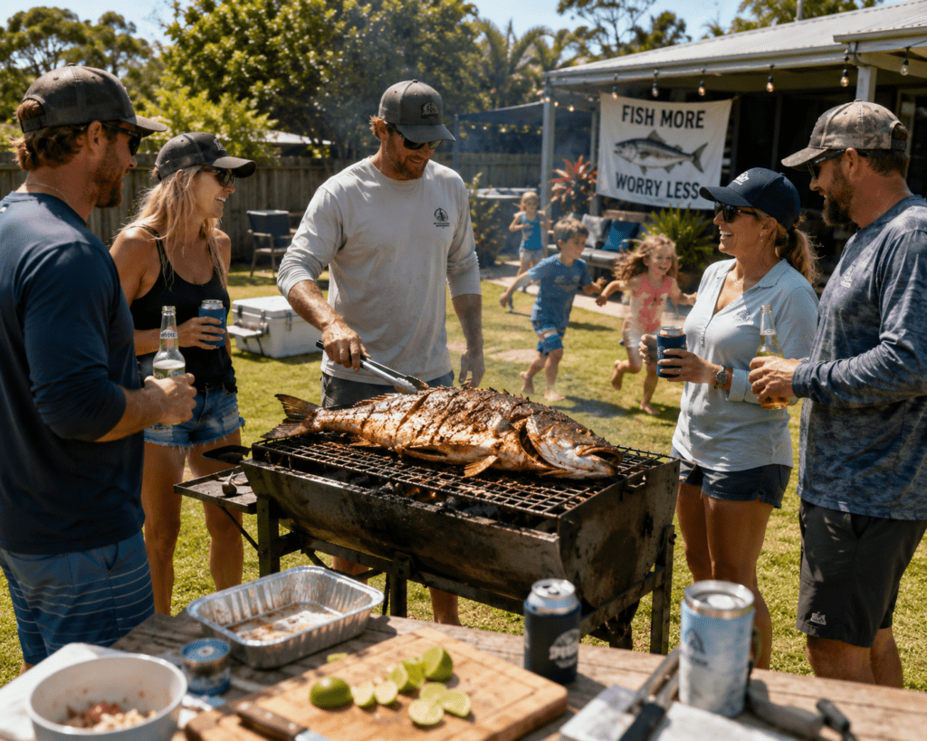 Group of fishermen, family members, and friends gathered around a backyard barbecue grilling a large freshly caught fish while children play nearby. The outdoor gathering features cold drinks, laughter, and a relaxed coastal fishing lifestyle atmosphere.
