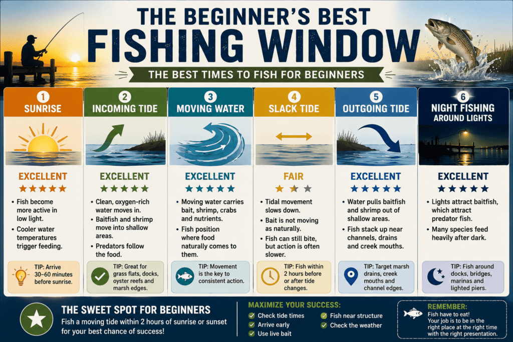 Infographic showing the beginner's best fishing window, comparing sunrise, incoming tide, moving water, slack tide, outgoing tide, and night fishing around lights, with ratings and tips to help new saltwater anglers choose the most productive times to fish.
