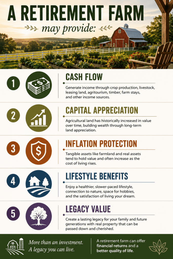 Infographic illustrating five potential benefits of a retirement farm: cash flow from farm income and leasing opportunities, capital appreciation through rising farmland values, inflation protection from owning agricultural land, lifestyle benefits from rural living, and legacy value through property passed to future generations.