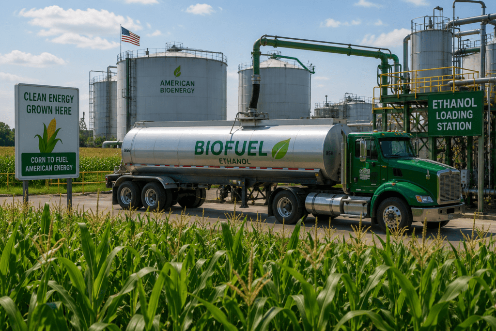 Cornfield adjacent to a modern ethanol production facility where a tanker truck is being loaded with biofuel. Large storage tanks, processing equipment, and fuel transfer systems are visible in the background, illustrating how corn grown by American farmers is converted into ethanol and blended into the nation's gasoline supply. The image demonstrates the connection between agriculture, renewable fuels, and the price of gasoline and diesel in the United States.