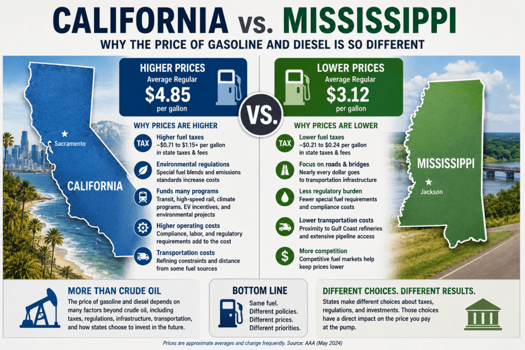 Infographic comparing California and Mississippi fuel pricing policies using maps of both states. The California side highlights higher gasoline and diesel prices associated with higher fuel taxes, environmental regulations, specialized fuel blends, and funding for public transit and climate-related programs. The Mississippi side highlights lower fuel prices associated with lower fuel taxes, fewer regulatory costs, proximity to Gulf Coast refineries, and a transportation funding model focused primarily on roads and bridges. The infographic illustrates how different policy choices can affect the price of gasoline and diesel paid by consumers.