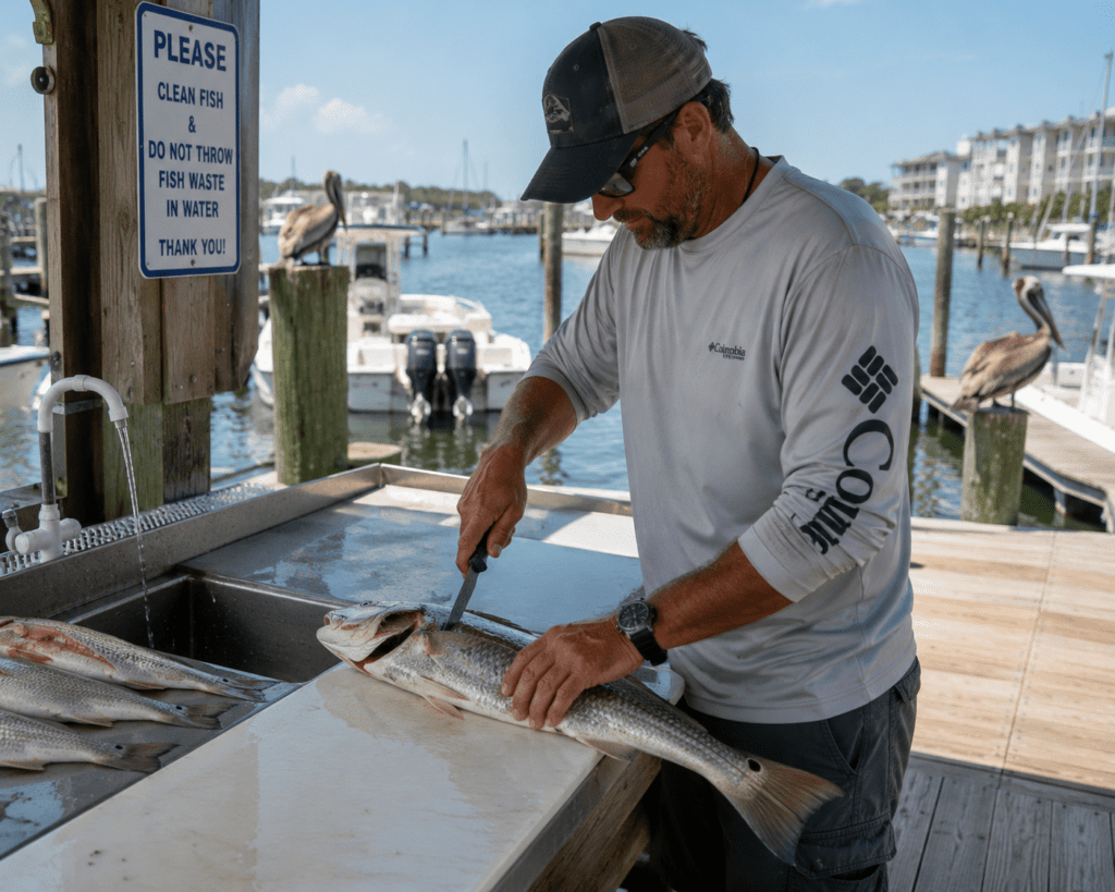 Angler cleaning a freshly caught fish at a marina fish cleaning station on a waterfront dock, with fishing boats, pelicans, and calm coastal waters in the background.