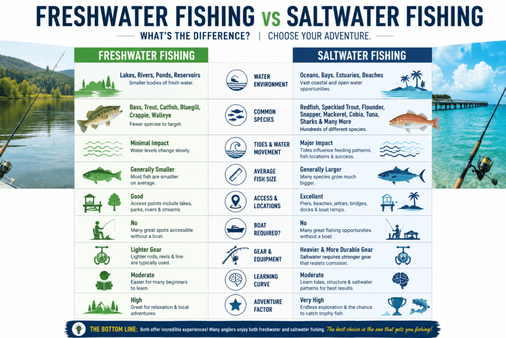 Infographic comparing freshwater fishing and saltwater fishing, showing differences in water environments, fish species, tides, fish size, public access, equipment requirements, learning curve, and overall fishing adventure opportunities.