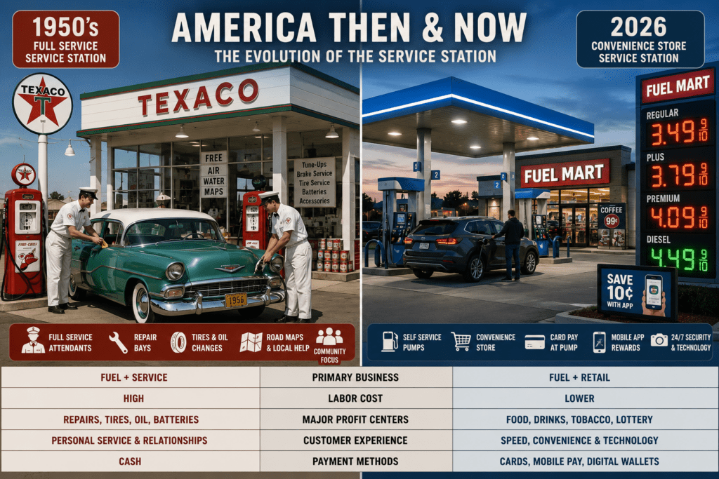 Side-by-side comparison of a 1950s full-service American service station and a modern 2026 convenience-store fuel station. The vintage station features uniformed attendants servicing a classic automobile, repair bays, road maps, and personalized customer service. The modern station features self-service fuel pumps, digital fuel price signs, a large convenience store, mobile payment technology, and a focus on retail sales. The image illustrates the evolution of the American service station and changing business models in the fuel industry.