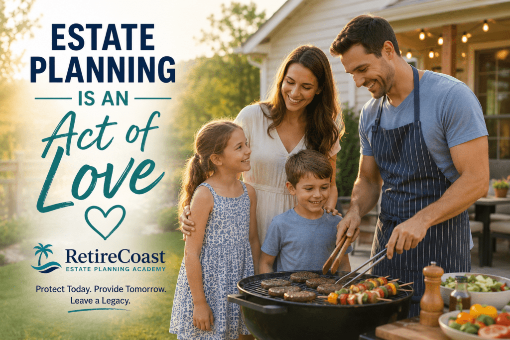 Young family gathered around a backyard barbecue as the father cooks, illustrating that estate planning is an act of love by protecting a spouse and children through thoughtful planning and a complete estate plan.