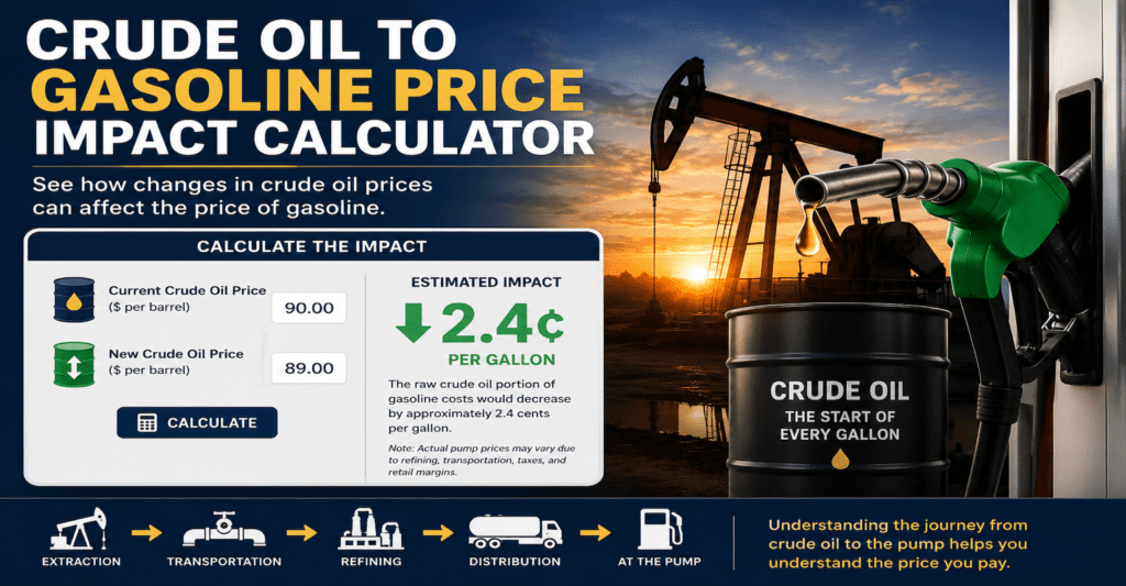 Featured image for a Crude Oil to Gasoline Price Impact Calculator showing a crude oil pumpjack at sunset, a gasoline nozzle dispensing fuel, and a sample calculator demonstrating how a $1 drop in crude oil prices can reduce gasoline costs by approximately 2.4 cents per gallon. The infographic illustrates the relationship between crude oil prices and the price of gasoline, along with the journey from oil extraction and transportation to refining, distribution, and delivery to the pump.