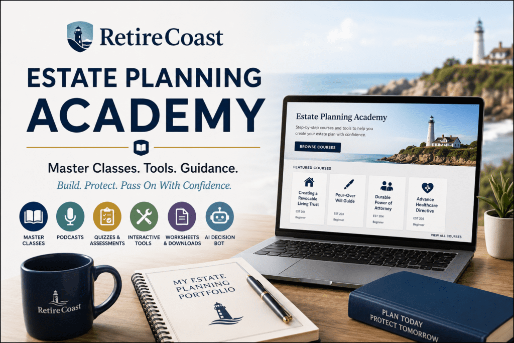 RetireCoast Estate Planning Academy featured image showing an online learning platform with master classes, estate planning tools, podcasts, quizzes, interactive builders, worksheets, AI decision support, and a personal estate planning portfolio. The image represents a comprehensive estate planning education center where individuals and families can learn how to create wills, revocable living trusts, powers of attorney, healthcare directives, and other essential estate planning documents while building and maintaining a complete estate planning portfolio.