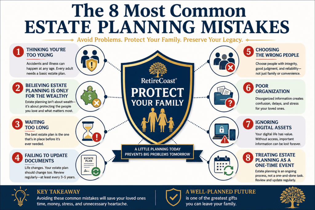 Introduction to Estate Planning infographic illustrating the eight most common estate planning mistakes: believing you're too young, thinking estate planning is only for wealthy families, waiting too long, failing to update documents, choosing the wrong people, poor organization, ignoring digital assets, and treating estate planning as a one-time event.