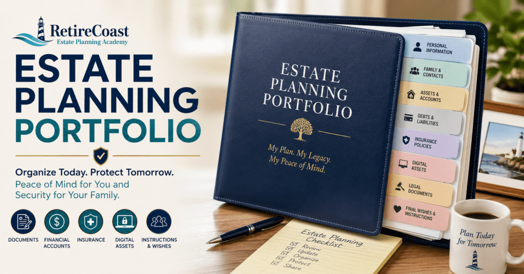 RetireCoast Estate Planning Portfolio Master Class featured image showing a professionally organized estate planning binder with sections for legal documents, financial accounts, insurance policies, digital assets, and family instructions.