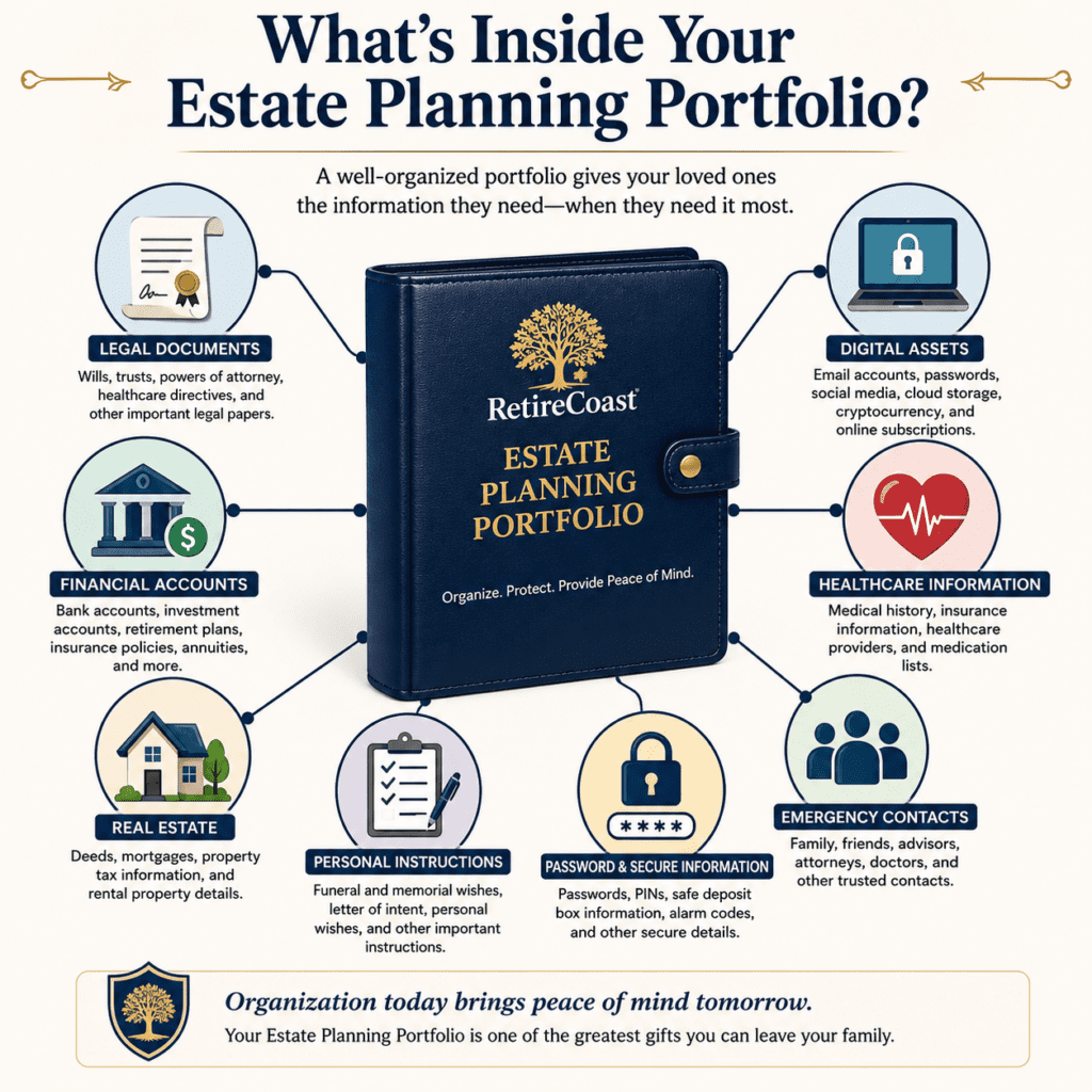 Introduction to Estate Planning infographic showing the RetireCoast Estate Planning Portfolio as the central organizational system surrounded by key estate planning components including legal documents, financial accounts, real estate records, digital assets, healthcare information, emergency contacts, personal instructions, and secure password information.