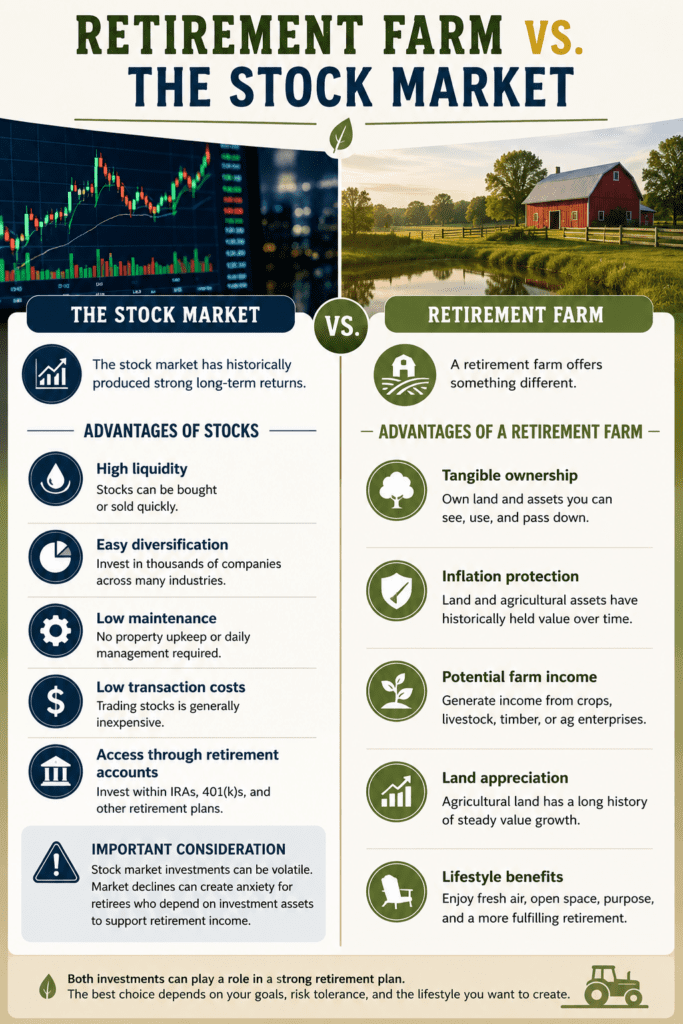 Infographic comparing a retirement farm and the stock market as retirement investments. The stock market side highlights high liquidity, easy diversification, low maintenance, low transaction costs, and access through retirement accounts, while noting market volatility. The retirement farm side highlights tangible ownership, inflation protection, potential farm income, land appreciation, and lifestyle benefits.