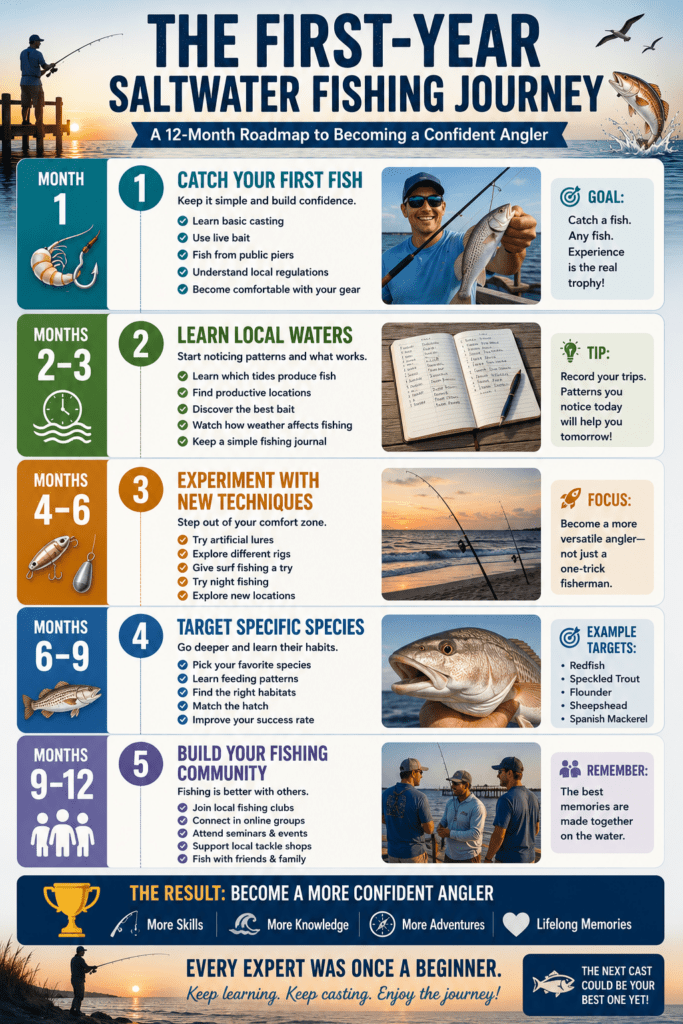 Infographic titled "The First-Year Saltwater Fishing Journey" illustrating a 12-month roadmap for beginner anglers. The graphic breaks the first year into stages including catching a first fish, learning local waters, experimenting with new techniques, targeting specific fish species, and building a fishing community, ultimately leading to greater confidence, knowledge, and lifelong fishing memories.
