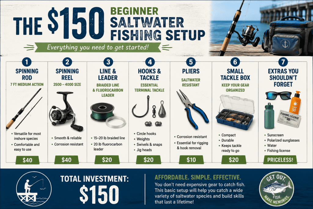 Infographic showing a beginner saltwater fishing setup with a spinning rod, spinning reel, braided fishing line, fluorocarbon leader, circle hooks, tackle, pliers, tackle box, fishing license, sunscreen, and other essentials, demonstrating how to start saltwater fishing for approximately $150.