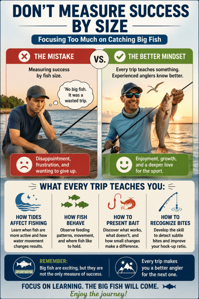 Infographic titled "Don't Measure Success by Size" comparing the mindset of focusing only on catching big fish versus learning from every fishing trip. The graphic highlights how beginner anglers can improve by understanding tides, fish behavior, bait presentation, and bite detection rather than judging success solely by the size of their catch.
