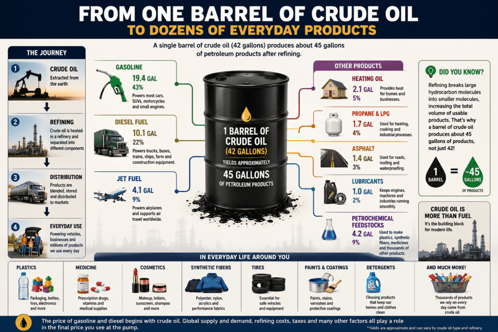 **Alt Text:**
Infographic showing how a 42-gallon barrel of crude oil is refined into approximately 45 gallons of petroleum products. The graphic illustrates the refining process and the major products produced from crude oil, including gasoline, diesel fuel, jet fuel, heating oil, propane, asphalt, lubricants, and petrochemical feedstocks. Additional panels highlight everyday products made from petroleum, such as plastics, medicines, cosmetics, synthetic fibers, tires, paints, coatings, and detergents. The infographic emphasizes that gasoline is only one of many products derived from crude oil and explains how crude oil supports transportation, manufacturing, healthcare, and modern consumer goods.